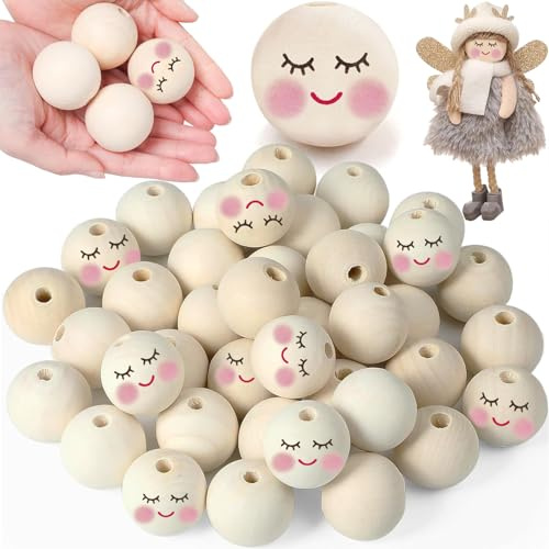 Yueser Perlina in legno, 30 perline con viso 30 mm sorridenti, perle naturali rotonde con foro fai da te per portachiavi e bracciali