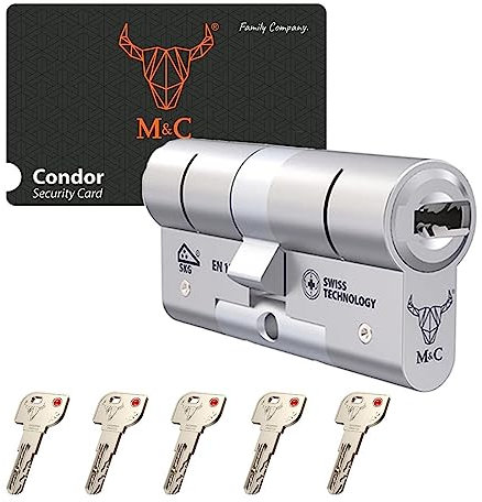 M&C Bombillo Condor Ciliindro Cerradura Alta Seguridad Anti Topolino Leva Larga Doble Embrague Máxima Seguridad SKG 3 Estrellas 32x32mm Anti Bumping Resistente Taladro Pleateado 5 Llaves Incluidas