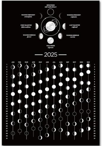 Mondkalender 2025, 2025, Mondphasenkalender, Wandposter, Astrologie-Dekoration, Mondverfolgung, dunkles Mond-Wandposter, Wanddekoration und Kunst (30,5 x 45,1 cm, ungerahmt)