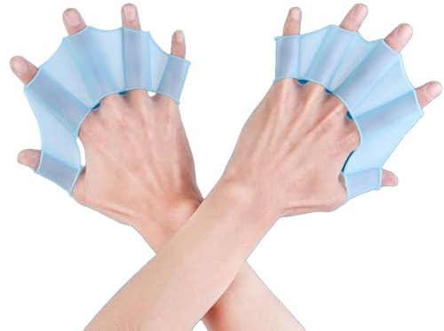 Waltonalice Schwimmhandschuhe Schwimmpaddels Hand Fingerpaddles Silikon-Handschwimmflossen Swim Glove Wassersport Handflossen Schwimmzubehör für Erwachsene und Kinder Blau(Erwachsene) M