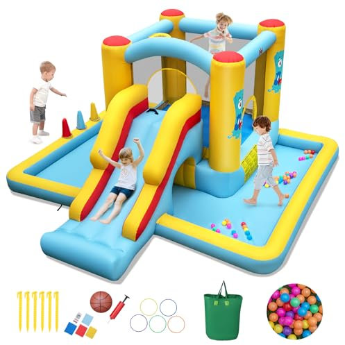COSTWAY 7 en 1 Château Gonflable avec Toboggan & Maison de Saut, Aire de Jeux Gonflable avec Piscine à Balles & Panier de Basketball, 50 Balles Océaniques pour Enfants de 3-10 Ans, Charge 90kg