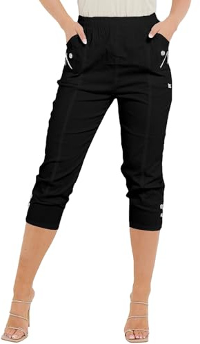 Women Cherry Berry Capri 3/4 Trousers, Ladies Elasticated Cotton Stretch Cropped Bottom Pants (Black, 18)