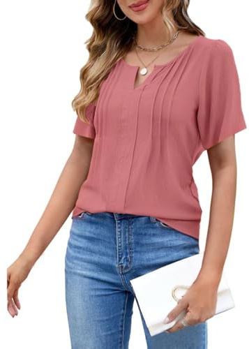 GUCURIN Chemisier Femme Chic Et Élégant Mousseline T Shirt Ete Col V Manches Courtes Tops Décontracté Tunique,Rose,M