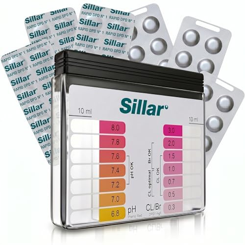 Sillar Tester Piscina pH e Cloro – Kit Analisi Acqua con 60 Pastiglie Test Phenol Red e DPD1 – Scomparti Separati per Misura di Cloro e Acidità – Piscina, Spa e Idromassaggio