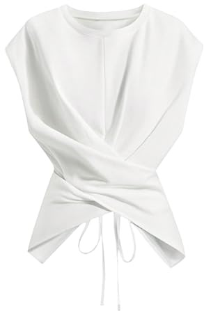 Verdusa Women's Cinched Waist Wrap Top Cap Sleeve Tie Back Going Out Workout Business Casual Tops White Medium