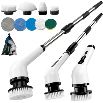 Kingwell Electric Spin Scrubber, Cordless Electric Scrubber for Cleaning with 9 Brush Heads, 2 Speeds,3 Adjustable Handle, 90Mins Work Time, Shower Scrubber for Bathroom, Tub, Floor,White