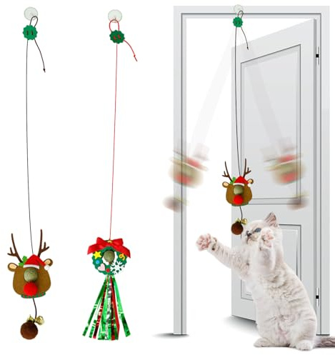 Set di 2 giocattoli natalizi con erba gatta di Natale, giocattolo per gatti, fai da te, telaio della porta con ventosa, design a ghirlanda, per gattini per intrattenimento in interni