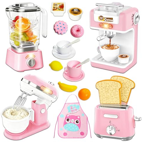 Accessoire Cuisine Enfant Set, Appareils de Cuisine avec Lumière Sonore, Comprend Cafetiere Enfant Jouet, Grille Pain, Mixeur, Centrifugeuse, Fruits, Vaisselle et Tablier, Cadeau Fille Garçon 3+ Ans
