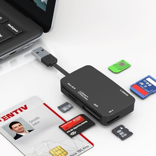 SIM Card Adapter - CAC Reader Military and Memory Card Adapter 7 in 1 SD/MMC/TF/Memory Stick Pro Duo/M2/IC/PIV/Chip/Smart Card/Standard SIM Reader for Computer Windows/Mac OS/Linux, Plug and Play