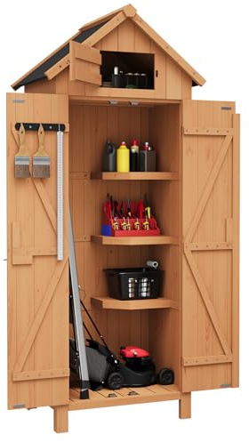 GarveeLife 70 in Outdoor Wooden Storage Shed Waterproof, Vertical Outdoor Storage Cabinet with 3 Shelves, Roof Storage & Lockable Door, Space-Saving Garden Tool Shed for Patio, Yard, Lawn