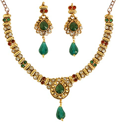 Touchstone Indian Bollywood Traditional Handcrafted Studded Look Rhinestones Faux Ruby Red Emerald Green Pretty Wedding Designer Jewelry Necklace Set In Antique Gold Tone For Women