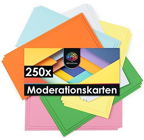 OfficeTree 250x Cartes de Modération 20x10 cm - 6 Couleurs - 150g - Rectangulaires - Parfaites pour les Présentations, les Ateliers & les Brainstormings - Fiche Bristol - Flash Cards - Carte Bristol