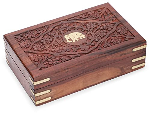 Ajuny Joyero de Madera Hecho a Mano Diseño de Elefante Sólido Multiusos Organizador de Viaje Cofre del Tesoro Porta Baratijas Decorativo Vintage Regalos 8x5 pulgadas