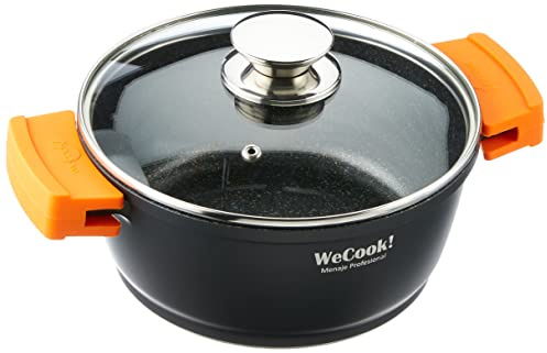 WECOOK! Ecochef Titanio Casseruola Alta, Induzione, Coperchio di Vetro 20cm, Antiaderente QUANTANIUM Ecologico senza PFOA, Alluminio Fuso 5mm Spessore, Maniglie in Silicone, Vitroceramica, Forno