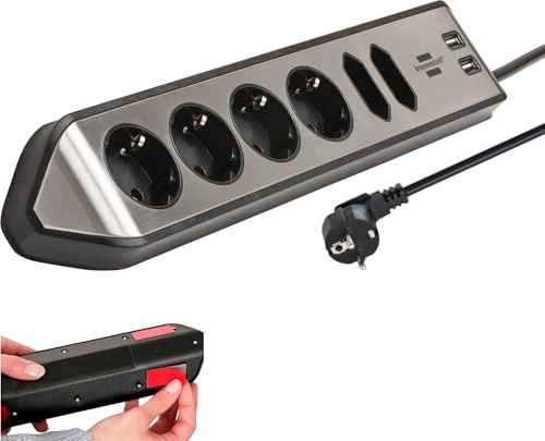Brennenstuhl Estilo Ecksteckdosenleiste 6-Fach (Tischsteckdose mit Edelstahloberfläche für Küche/Büro, Ecksteckdose mit 4X Schutzkontakt-Steckdosen, 2X Euro-Steckdosen, 2X USB) Silber/schwarz