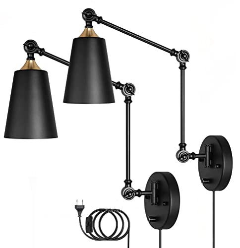 2 Stück Schwarz Nachttisch Wandleuchte mit Schalter Retro Wandlampe Verstellbarer Schwenkarm Bettlampe Wand-Leselampe mit Stecker und 1.8m Kabel Innen E27 Wohnzimmer Schlafzimmer Wand Lampe Vintage