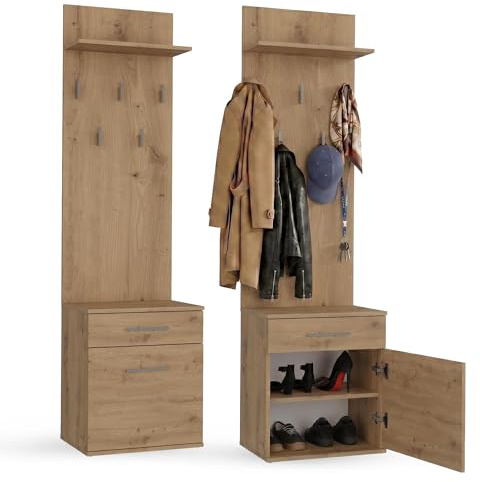 CDF Juego de Perchero Mueble Recibidor Zapatero de Entrada con y Panel 5 Ganchos Armario Entrada Conjunto de Armario/Perchero Mueble de entrad No es Necesario Hacer Agujeros Roble Artisan