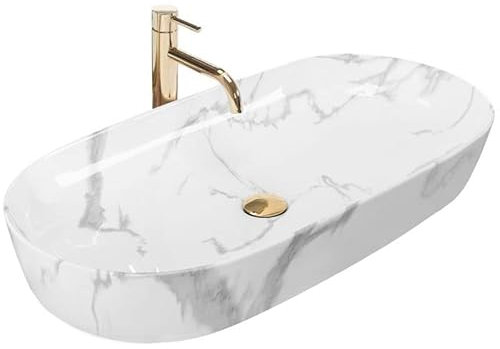 Rea Aufsatzwaschbecken CLEO 81 Shiny Marmo Badwaschbecken 810 x 410 x 135 mm, Keramik (Weiß, Marmorimitat)