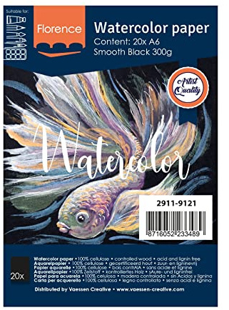 Florence Aquarellpapier Glatt - Zeichenblock für Aquarellfarben A6 - Schwarz - Malblock für Wasserfarben - Künstlerbedarf und Scrabooking - 300 gsm