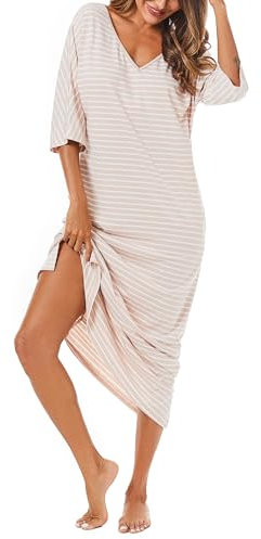 Uniexcosm Long Nightdress for Women Nightgowns 3/4 Sleeve Cotton Nighties Baggy Ladies Nightshirts with Pockets Plus Size Sleep Dress Nightwear Loungewear Sleepwear S-XXL Pink