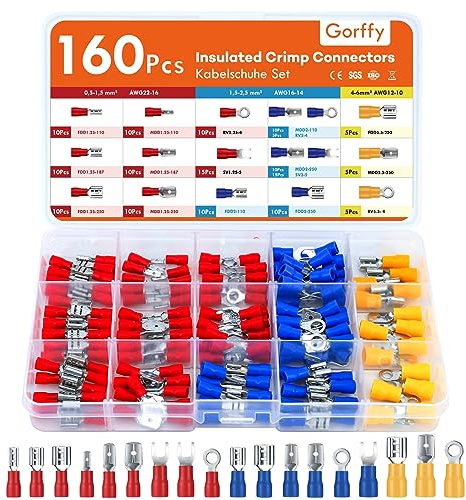 Gorffy Juego de terminales de cable, 160 unidades, 0,5 – 6,0 mm², terminales planos aislados, surtido de terminales de cable para coche, juego de conectores apretados