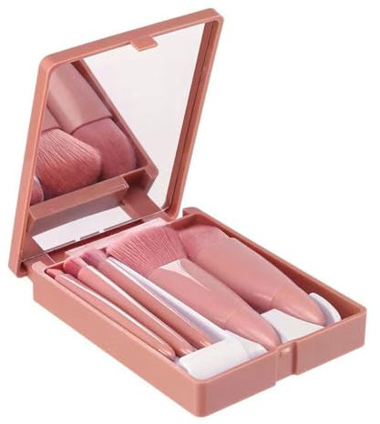 BZKSER Make up Pinsel Set- 5 pcs Reise Kosmetik Pinsel Set mit Spiegelbox,Tragbar Schminkpinsel,Profi Kosmetikpinsel mit Etui,Vegan Gesichtspinsel Pinsel Lidschattenpinsel für Reisen,Puder,Rouge