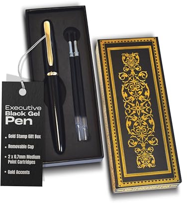 Better Office Products Executive Rollerball Gel Ink Pen Set in Gift Box, Black Gloss Classic Business Pen with Removable Cap, Gold Accents, Includes 2 Black 0.7mm Medium Point Cartridges