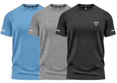 Pack of 3 Mens Workout Short Sleeve T-Shirts Athletic Fit Fast Drying Moisture Wicking Sports Style T-Shirts (UK, Alpha, XXL, Regular, Regular, Pack of 3 Sea Black Sea Grey Sea Blue)