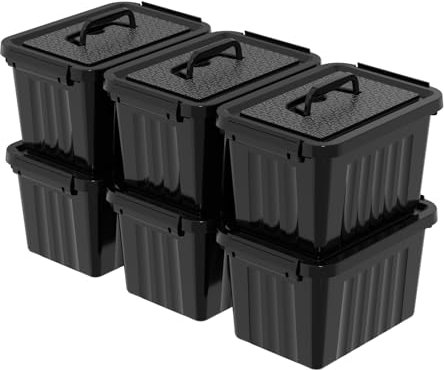 Yesdate Set of 6 Black Small Storage Boxes with Handle Lids, Heavy Duty Plastic Stackable Organizing Box Container, 6 Litre