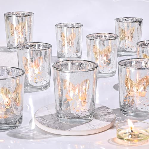 Azuritek 12pcs Silver Mercury Candle Holders, Glass Tealight Candles Holders, Votive Candle Holder Gifts for Women Home Valentine's Day Wedding Table Decor Butterfly Patten