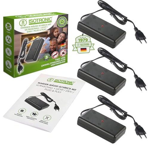 ISOTRONIC Marderschreck mit Stecker | Marderabwehr Ultraschall für Haus, Garage und Dachboden | vertreibt Marder, Mäuse, Ratten | Ideal für den Innenraum | mardersicher 3 Stück