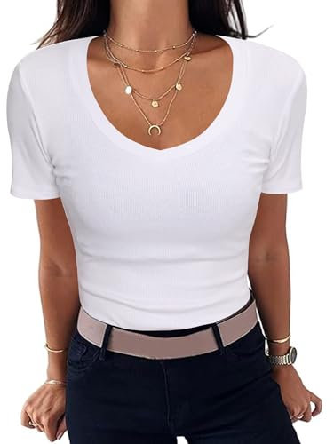 Aottori Damen T-Shirt Gerippt Slim Fit Basic Tee Shirts V Ausschnitt Kurzarm Sommer Tshirt Stretch Oberteile Casual Tops Weiß L