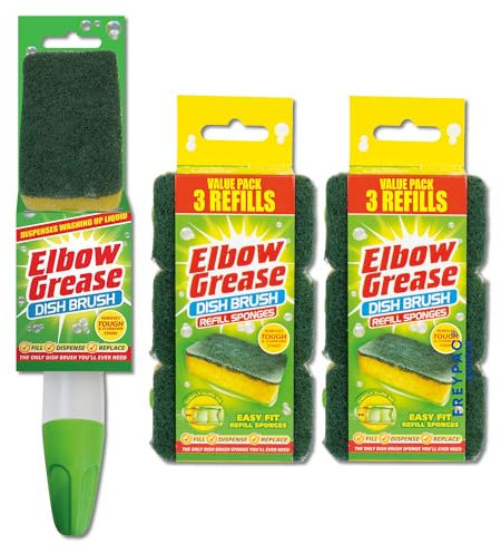 Elbow Grease Fillable Washing Up Brush plus 7 Sponge Scourer Refills, Perfect for tough stains on Dishes, Pots and Pans, Sinks and Surfaces as well as for use in the Bathroom. Bundle, by FREYPAC