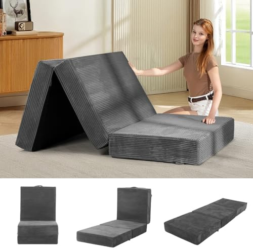 feliz home 6-Inch Tri-Fold Mattress Single Size - Foldable Futon Sofa Bed with Removable Washable Cover, Folding Memory Foam Futon Mattress | Non-Slip Bottom & Carry Handles for Guest, Camping, Dorm
