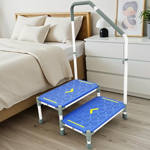 LITTNEO Sgabello Gradino con Pedata 55 cm – Braccioli regolabili in altezza,portata 225 kg,strisce luminescenti e antiscivolo –Ideale per letti alti,camper,cucina,bagno e anziani​ (Blu marino)