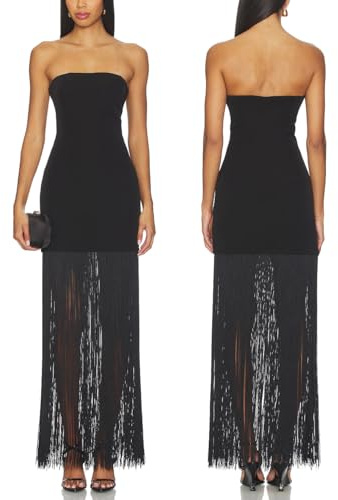 Aigeman Women's Strapless Fringe Maxi Dress Bodycon Evening Gown Tube Top Dresses Sexy Tassels Cocktail Party Dress 513(S,Black)