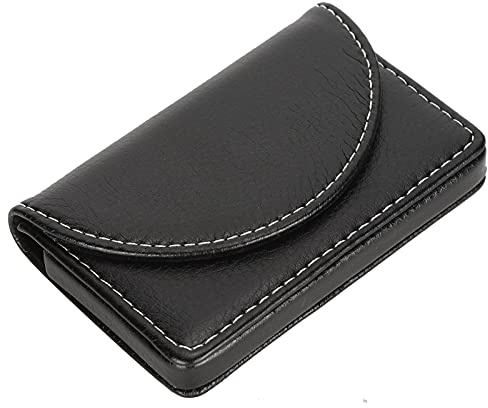 Cyrank Estuche para tarjetas de visita, tarjetero de cuero PU, portatarjetas, estuche de identificación portátil para hombres y mujeres que viajan por negocios (Negra)