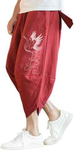 RAOKENSU Pantalon japonais pour homme traditionnel et élégant - Pantalon en lin Hakama surdimensionné - Confortable - Pantalon de sport léger et fin - Pantalon 3/4 pour homme - Pantalon d'été
