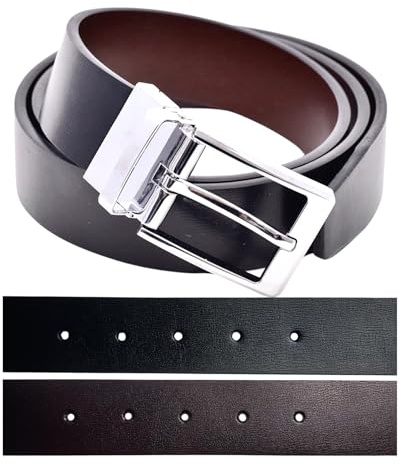 Men's Reversible Genuine Leather Belt - From 40-44” Adjustable Waist, Brown/Black, Chrome Twist Buckle, 34mm Wide, For Casual or Smart/Suit/Dress Wear, Presentation Gift Box & Punch Included