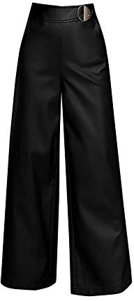 Mujeres Ancho Pierna Palazzo Pantalones Holgados Flojos Suave Pantalon Polipiel Negro L