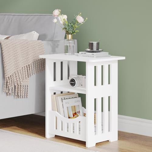 Dripex 3-Tier Side End Table with Storage Shelf Basket, White Small Bedside Table, Slim Narrow Nightstand Small Spaces for Living Room, Bedroom, Bathroom, Balcony