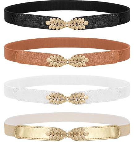WERFORU 4 Pack Women Skinny Elastic Belts Ladies Fashion Leaf Alloy Buckle Stretchy Thin Waist Belt for Dresses Pants