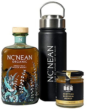 Nc'nean Hot Toddy Whisky Set | 46% ABV | 1 x 70cl Bottle of Nc'nean Organic Whisky 1 x Signature Nc’nean Flask & 1 x Pot of Scottish Bee Company Blossom Honey