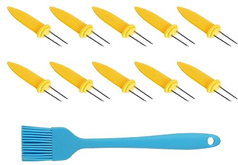 CRLLDPM 10 PCS Maiskolben Spieße, Maiskolbenhalter Grillzubehör Edelstahl Maishalter Maiskolben Nadel Schaschlikspieße Food Fruit Forks Outdoor,Mit Silikonbürste