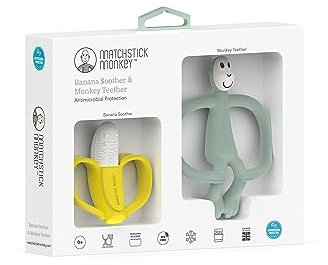 Matchstick Monkey Geschenkset Beißring 2er Set - Antimikrobielle Zahnungshilfe - Gel-Applikator für wundes Zahnfleisch - BPA-frei - leicht zu greifen - ab 3 Monaten - Banane & Affe mint