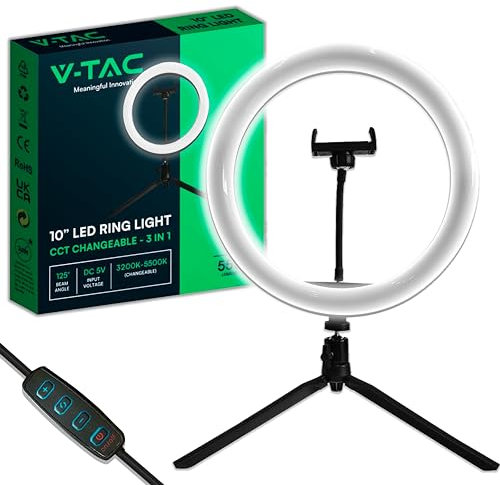 V-TAC Ring Light de Table Professionnel avec Trépied pour Selfie, Vidéo, Photo, Tiktok - Anneau Lumineux - Lampe Annulaire LED pour Smartphone avec 3 Modes d'éclairage - avec Panneau de Commande