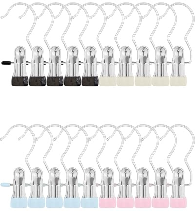 BINCKIN 20 Pcs Stainless Steel Clothes Pegs for Washing Line - Towel Pegs With Hooks, Heavy Duty Sock Pegs, Non-Slip Metal Laundry Pegs for Shoes, Food Sealing, Photos (Black,Blue,Pink,White)