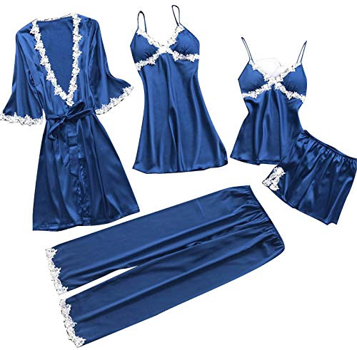 Set di pigiama da donna, 5 pezzi: pigiama da donna, set corto e lungo, in raso, per la casa, biancheria da letto, sexy, pantaloni di grandi dimensioni, camicia da notte, sottile, estiva, in seta, Blu,