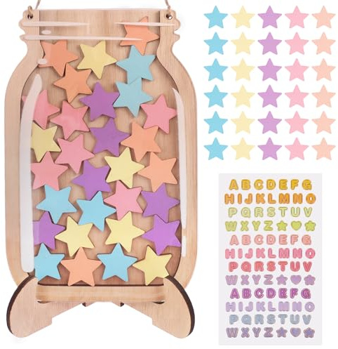 Star Reward Jar,Reward Incentive Jar with 30 Stars,Wooden Reward Chart for Children's Good Behavior,Classroom Stars Reward Jar Reward Chart for Kids Daily Routine Chores Bedtime Class