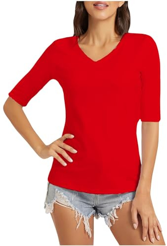 V Neck T Shirts for Women UK Clearance Half Sleeve Tops Summer Solid Color Tshirts Lightweight Slim Fit Tee Shirts Casual Comfortable Plian Tshirts Ladies Blouses Size 8-22 Red